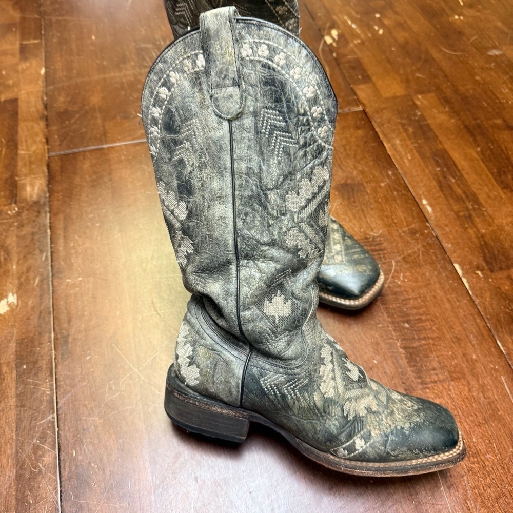 Roper Cowboy Boots Mens 7 Black Distressed Leather Southwestern Square Toe 7005